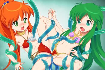 2girls armor ayanokouji_rem bikini bikini_armor bikini_bottom_aside bikini_pull blush breasts caron_(rall) clothes_pull clothing_aside commentary_request commission commissioner_upload crossover dream_hunter_rem fugetsu_taku green_eyes green_hair holding_hands long_hair multicolored_bikini multiple_girls navel open_mouth orange_hair pink_bikini ponytail pussy_sandwich rape red_bikini restrained sf_choujigen_densetsu_rall skeb_commission small_breasts spread_legs swimsuit tentacles tentacles_under_clothes thighs trait_connection two-tone_bikini very_long_hair
