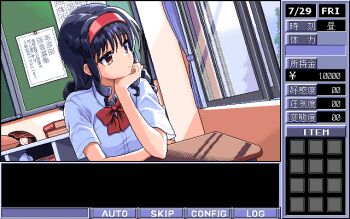 Rule 34 | 1990s (style), 1girl, blue hair, bow, bowtie, chipushishi, commentary request, desk, hairband, indoors, letterboxed, long hair, original, pc-98 (style), red bow, red eyes, red hairband, retro artstyle, shirt, short sleeves, sitting, solo, white shirt