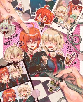 2girls ahoge black_jacket black_nails black_sweater_vest blackcatlandr blonde_hair choker commentary_request crepe crossed_bangs drawing_(action) drawn_ears drawn_whiskers earrings english_text fang fate/grand_order fate_(series) food fou_(fate) fujimaru_ritsuka_(female) highres holding holding_pen ice_cream jacket jeanne_d&#039;arc_alter_(fate) jewelry multiple_girls multiple_views necktie one_side_up open_mouth orange_eyes orange_hair pen photo_(object) pointing pudding red_necktie short_hair sweater_vest yellow_eyes