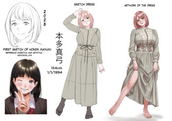 1994 2023 2girls :o absurdres amoemo barefoot black_pantyhose blazer blush bob_cut bow bowtie breasts brown_hair closed_mouth clothes_lift collared_shirt commentary dress dress_lift english_commentary english_text full_body green_eyes hair_behind_ear hand_on_own_head head_tilt height highres jacket large_breasts lifting_own_clothes long_sleeves looking_at_viewer mixed-language_text mole mole_under_eye multiple_girls multiple_views one_eye_closed original pantyhose parted_lips pink_hair pink_lips portrait presenting_legs red_bow red_bowtie reference_sheet school_uniform shadow shirt simple_background sketch smile standing standing_on_one_leg translation_request uneven_bangs v white_background white_shirt