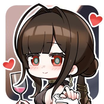 Rule 34 | +++, 1girl, artist request, brown hair, chibi, chibi only, cup, dress, drinking glass, dsr-50 (girls' frontline), evening gown, girls' frontline, girls' frontline 2: exilium, hair intakes, hand on another's hand, heart, holding, holding cup, loreley (girls' frontline 2), lowres, official art, outline, pov, pov hands, second-party source, solo focus, white outline, wine glass