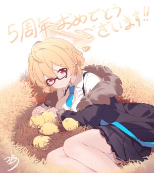 1girl absurdres ahoge baby_animal between_breasts bird black_skirt blonde_hair blue_archive blush breasts chick collared_shirt commentary_request glasses halo highres kotori_(blue_archive) large_breasts looking_at_viewer lying necktie necktie_between_breasts red_eyes sankyaku_tako school_uniform shirt skirt smile teardrop-framed_glasses triangle_halo