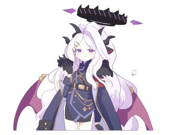 1girl ahoge armband black_coat black_gloves black_halo black_skirt blue_archive coat coat_on_shoulders commentary_request demon_girl demon_horns gloves halo hina_(blue_archive) horns long_hair looking_at_viewer nagatsuki_kei_(nagatsuki22) purple_eyes red_armband simple_background skirt solo standing very_long_hair white_background white_hair