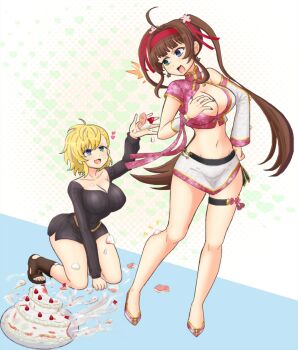 ahoge alternate_costume arm_support birthday_cake black_ribbon black_sweater blonde_hair blue_eyes blunt_bangs blush breasts brown_hair cake china_dress chinese_clothes cleavage crop_top detached_sleeves dress flower food food_on_body fruit green_eyes hair_flower hair_ornament hairband hand_on_own_chest hand_on_own_hip heart heart_background heterochromia highres kneeling large_breasts long_hair midriff navel open_mouth pink_ribbon red_hairband red_ribbon ribbon ryoubi_(senran_kagura) ryouna_(senran_kagura) senran_kagura senran_kagura_shinovi_versus siblings sidelocks single_detached_sleeve sisters skirt strawberry surprised sweater sweater_dress thigh_strap throwing throwing_food twintails white_skirt yui_(jisatsu)