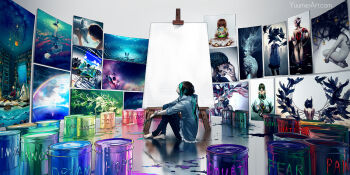 artist_self-insert artist_self-reference barefoot canvas_(object) commentary easel long_hair original paintbrush ponytail real_life sitting solo_focus yuumei