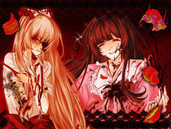 Rule 34 | 2girls, :d, alulue1, amputee, black hair, blood, blood on arm, blood on clothes, blood on face, blood on hands, bow, branch, clenched teeth, closed eyes, collared shirt, commentary request, facing viewer, five impossible requests, frilled shirt collar, frills, fujiwara no mokou, hair bow, hand up, highres, hime cut, hole in chest, hole on body, houraisan kaguya, jeweled branch of hourai, long hair, looking at viewer, multiple girls, open mouth, pants, parted lips, pink shirt, red pants, red theme, shirt, smile, suspenders, teeth, torn clothes, torn shirt, touhou, upper body, very long hair, white bow, white hair, white shirt