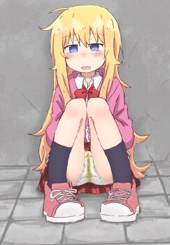 1girl black_socks blonde_hair blue_eyes blush bow bowtie cameltoe collared_shirt cross-laced_shoes female_focus full_body gabriel_dropout gabriel_tenma_white grey_background half-closed_eyes jacket knees_together_feet_apart knees_up large_variant_set loli long_hair long_sleeves looking_at_viewer miniskirt nose_blush on_floor open_mouth panties pee peeing peeing_self pigeon-toed pink_jacket plaid_clothes plaid_skirt pleated_skirt ponnu_(tnpn2yw) red_bow red_bowtie red_shoes red_skirt shirt shoes sidelocks sitting skirt socks solo teeth tile_floor tiles underwear variant_set wet wet_clothes wet_panties white_panties white_shirt