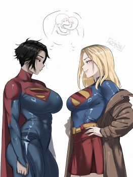 2girls absurdres alternate_breast_size_(larger) arms_at_sides ass black_eyes black_eyeshadow black_hair blonde_hair blue_eyes blue_leotard blush breasts brown_coat cape closed_mouth coat coat_partially_removed cowboy_shot dc_comics dc_extended_universe dc_universe_(franchise) doodle_inset eyeshadow gy_beth hands_on_own_hips highres imminent_kiss large_breasts leotard looking_at_another makeup medium_hair multicolored_hair multiple_girls naughty_face parted_bangs red_cape red_skirt short_hair signature skirt speech_bubble streaked_hair supergirl superhero_costume superman_(2025) superman_(series) teeth the_flash_(movie) thighs thought_bubble white_background