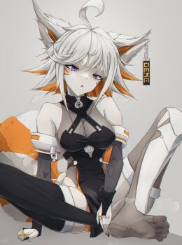 Rule 34 | 1girl, absurdres, ahoge, animal ears, asymmetrical legwear, black bridal gauntlets, black thighhighs, breasts, bridal gauntlets, demenishki, facial mark, feet, highres, indie virtual youtuber, leotard, leotard under clothes, mismatched legwear, multicolored hair, open mouth, orange hair, pelvic curtain, purple eyes, red panda ears, red panda girl, red panda tail, remtidzn, see-through cleavage, see-through clothes, see-through leotard, short hair, sitting, thighhighs, thighs, virtual youtuber, whisker markings, white hair