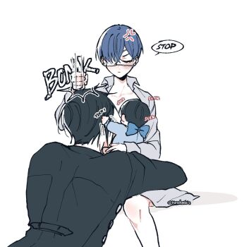 3boys age_difference anger_vein baby black_hair blue_hair blush breastfeeding ciel_phantomhive eyelashes eyepatch father_and_son highres hitting kurosh00kie kuroshitsuji male_focus multiple_boys sebastian_michaelis theo_(kurosh00kie) yaoi
