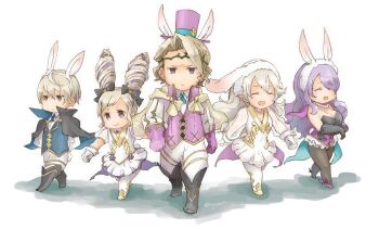 2boys 3girls alternate_costume animal_ears blonde_hair camilla_(fire_emblem) camilla_(spring_princess)_(fire_emblem) cape chibi closed_eyes drill_hair elise_(fire_emblem) fake_animal_ears female_corrin_(fire_emblem) fire_emblem fire_emblem_fates fire_emblem_heroes gloves hat leo_(fire_emblem_fates) multiple_boys multiple_girls nintendo open_mouth pantyhose playboy_bunny purple_hair rabbit_ears robaco serious side-by-side smile top_hat twin_drills walking xander_(fire_emblem) xander_(spring_prince)_(fire_emblem)