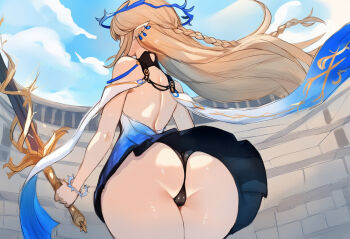 Rule 34 | 1girl, arena, ass, back, black panties, blue dress, blue halo, blue sky, braid, brown hair, cameltoe, cartethyia (wuthering waves), clothes lift, day, dress, floating hair, from behind, gradient clothes, gradient dress, halo, highres, holding, holding sword, holding weapon, long hair, outdoors, panties, pointy ears, skirt, skirt lift, sky, solo, standing, sword, thighs, underwear, weapon, wuthering waves, yuibread