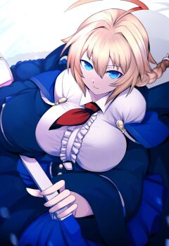 1girl ahoge arc_system_works artist_request blazblue blonde_hair blue_eyes blue_jacket blue_skirt braid breasts closed_mouth dress es_(xblaze) female_focus greatsword highres holding holding_sword holding_weapon jacket large_breasts long_hair long_sleeves looking_at_viewer necktie parted_lips puffy_long_sleeves puffy_sleeves red_necktie shortstack sidelocks skirt solo source_request sword teeth weapon xblaze