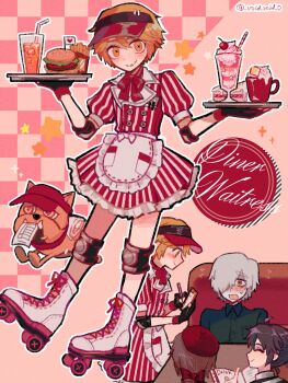 4boys ahoge andrew_kreiss apron artist_name beret black_gloves black_shirt blonde_hair blouse blush boots bow brown_hair burger buttons cake cake_slice casual cherry closed_eyes collared_shirt crossdressing crossdressing_(mtf) cup diner dog drinking_glass edgar_valden elbow_pads english_text flying_sweatdrops food french_fries frilled_apron frilled_skirt frills fruit gloves hair_between_eyes hair_bow hair_over_one_eye hat heart highres holding identity_v knee_pads lace-up_boots luca_balsa male_focus menu mini_flag mouth_hold mug multiple_boys neck_ribbon notepad open_mouth orange_eyes parfait puffy_short_sleeves puffy_sleeves red_neckwear ribbon roller_skates shirt short_hair short_sleeves skates skirt skirt_set smile solo_focus star_(symbol) stitched_mouth stitches striped sweat symbol-shaped_pupils tendenbarabara tray twitter_username vertical_stripes victor_grantz visor waist_apron waitress white_footwear white_hair wick_(identity_v) x-shaped_pupils