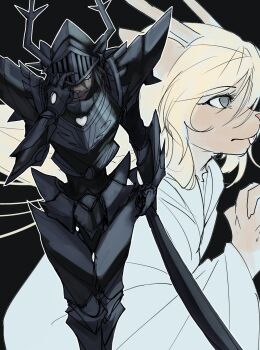 Rule 34 | 2girls, antlers, armor, black armor, black hair, blonde hair, blue eyes, blue nose, breastplate, bringyousoon, commentary request, cuirass, december holiday, deltarune, fake horns, freckles, full armor, gauntlets, greaves, helm, helmet, highres, holding, holding sword, holding weapon, horned helmet, horns, knight, korean commentary, multiple girls, noelle holiday, own hands clasped, own hands together, pauldrons, plate armor, poleyn, red nose, reindeer antlers, reindeer girl, roaring knight, serious, shoulder armor, siblings, sisters, slit pupils, spiked gauntlets, spiked pauldrons, spikes, sword, utdr (toby fox), visor lift, walking, weapon, yellow eyes