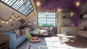 3d absurdly_detailed_composition absurdres bed blanket blender_(medium) blue_sky box carpet chair clothes_pin cloud commentary couch day drawing english_commentary floor foxeleos highres indoors lamp light_bulb loaded_interior nintendo_switch no_humans open_window original photoshop_(medium) pillow plant radio scenery shelf sky spotlight statue stuffed_animal stuffed_toy table vines wall watermark window wooden_floor