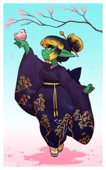 1girl absurdres arms_up artist_name bird black_hair black_kimono blonde_hair blunt_bangs border borvar breasts brown_eyes closed_mouth colored_skin commentary english_commentary floral_print floral_print_kimono full_body goblin green_skin hair_bun highres japanese_clothes kimono long_sleeves looking_at_animal medium_breasts multicolored_hair original outside_border petals pointy_ears print_kimono short_hair sidelocks single_hair_bun smile solo two-tone_hair walking white_border wide_hips wide_sleeves