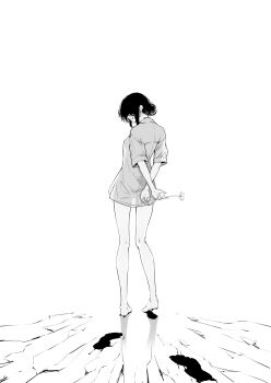 1girl arms_behind_back b14ckwood bare_legs barefoot blood blood_on_feet breasts chainsaw_man commentary_request dress_shirt facing_to_the_side flower footprints gerbera glass greyscale hair_over_one_eye highres holding holding_flower kneepits monochrome no_pants profile reze_(chainsaw_man) see-through_silhouette shirt short_sleeves sidelocks small_breasts smile solo