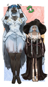 2girls absurdres adjusting_clothes alternate_costume bare_shoulders barefoot black_skin blue_background blush braid breasts colored_skin commentary_request cosplay costume_switch curvy dark-skinned_female dark_skin doll_joints dress elden_ring elden_ring_nightreign flower_wreath full_body hat head_wreath highres jewelry joints large_breasts large_hat long_hair low_twin_braids miao_jiangyou multiple_girls oversized_clothes pink_background recluse_(elden_ring) revenant_(elden_ring) sandals simple_background size_difference standing surprised sweatdrop torn_clothes twin_braids undersized_clothes user_interface veil very_dark_skin white_dress white_hair white_veil witch_hat