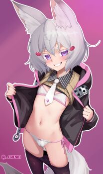 1girl absurdres animal_ear_fluff animal_ears artist_name black_jacket black_pantyhose bow bow_panties bra brown_sweater_vest cameltoe chenki_(chenki) clothes_lift clothes_pull commentary flat_chest fox_ears fox_girl fox_tail grey_hair grin hair_ornament highres hood hooded_jacket jacket loli long_sleeves navel necktie open_clothes open_jacket outline panties pantyhose pantyhose_pull parted_lips phase_connect purple_background purple_eyes short_hair side-tie_panties simple_background smile solo string_panties sweater_vest sweater_vest_lift tail teeth tenma_maemi thick_eyebrows twitter_username underwear v-shaped_eyebrows virtual_youtuber white_bra white_necktie white_outline white_panties