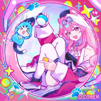 &gt;_&lt; 1girl :3 :d album_cover animal animal_ears blunt_bangs blush_stickers breasts chattino_(raora_panthera) cleavage commentary cover english_commentary fang full_body furrowed_brow gashapon goggles goggles_on_head hair_intakes hampopi hololive long_hair looking_at_viewer medium_breasts official_art open_mouth panther_ears panther_girl paw_print pink_hair raora_panthera raora_panthera_(1st_costume) sitting smile solo thighs very_long_hair xd yellow_eyes