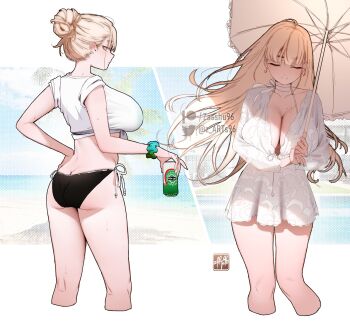 1girl artist_name ass black_panties blonde_hair blue_nails breasts butt_crack can cleavage closed_eyes closed_mouth commentary dress earrings english_commentary expressionless from_behind green_eyes hair_bun halterneck highres holding holding_can holding_umbrella jewelry large_breasts long_hair looking_at_viewer looking_back mole mole_on_breast mole_under_mouth original panties shirt short_dress simple_background standing sweat t-shirt thick_eyebrows umbrella underwear white_dress white_shirt zasshu