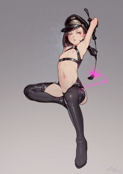 1girl absurdres aqua_eyes arm_behind_head arm_up armpits black_boots black_gloves black_hair black_hat bondage_outfit boots dated female_focus flat_chest full_body gloves grey_background hat heart highres holding holding_riding_crop invisible_chair latex latex_boots loli looking_at_viewer medium_hair muk_(monsieur) navel nipple_piercing original parted_lips peaked_cap piercing revealing_clothes riding_crop short_hair signature simple_background sitting solo stomach thigh_boots