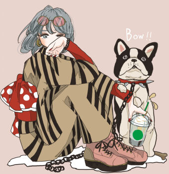 1girl animal animal_collar bone boots bow bracelet chain chain_leash collar covering_own_mouth cup disposable_cup dog drink earrings english_text eyewear_on_head french_bulldog ginkou_(atmzh) grey_eyes grey_hair highres holding holding_cup holding_drink hoop_earrings japanese_clothes jewelry kimono layered_sleeves leash long_sleeves looking_at_viewer nail_polish obi one_eye_closed original pink-tinted_eyewear pink_background polka_dot polka_dot_bow ring round_eyewear sash sitting solo spiked_collar spikes sunglasses tinted_eyewear