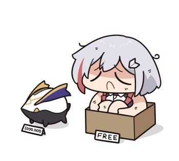 1girl :c box cardboard_box chibi closed_eyes commentary_request creature for_adoption frown full_body furrowed_brow grey_hair highres honkai:_star_rail honkai_(series) in_container knees_to_chest korean_commentary messy_hair multicolored_hair numby_(honkai:_star_rail) price_tag red_hair short_hair simple_background sitting streaked_hair topaz_(honkai:_star_rail) trotter_(honkai:_star_rail) underdatv white_background