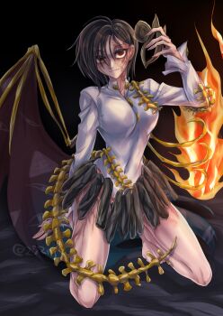 Rule 34 | 1girl, asymmetrical wings, barefoot, black background, breasts, brown hair, brown mask, burn scar, commentary request, commission, expressionless, eye of providence, eye print, eyes on wings, fiery wings, fire, full body, gold buttons, hair over one eye, half mask, highres, holding, holding mask, iwanaga ariya, leotard, long sleeves, mask, medium breasts, niwa (njy), red eyes, scar, scar on face, scar on leg, seiza, shirt, short hair, signature, simple background, sitting, skeb commission, skeletal clothes, skeletal tail, skeletal wings, skirt, solo, spinal cord, tail, touhou, unworn mask, white leotard, white shirt, wings