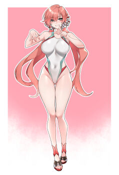 1girl absurdres blush breasts carcano_m1891_(girls&#039;_frontline) competition_swimsuit covered_navel dogs_(dlrkdejr26) full_body girls&#039;_frontline gluteal_fold green_eyes grin groin hair_ribbon highres index_finger_raised large_breasts long_hair nail_polish one-piece_swimsuit pink_background pink_hair pink_nails pink_sandals pink_shirt ribbon sandals shirt smile solo swimsuit thighs twintails white_background white_one-piece_swimsuit white_ribbon