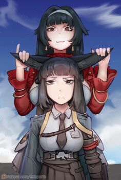 2girls absurdres animal_ear_fluff animal_ears astra_yao black_hair black_necktie black_skirt blue_sky blunt_bangs breasts cloud dress ear_fondling earrings fox_ears fox_girl grabbing_another&#039;s_ear green_jacket hairband hand_on_another&#039;s_ear highres holding_by_the_ears holding_ears hoshimi_miyabi id_card jacket jewelry large_breasts long_hair long_sleeves multiple_girls necktie red_eyes shirt sidelocks skirt sky telepurte unamused white_dress white_hairband white_shirt zenless_zone_zero