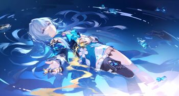 1girl absurdres aqua_hair ascot bad_link bare_shoulders black_thighhighs bleeding blood blue_ascot blue_dress blue_eyes blue_hair cerydra_(honkai:_star_rail) chess_piece collared_dress dress flower frilled_thighhighs frills game_cg hair_intakes highres holding holding_chess_piece honkai:_star_rail honkai_(series) injury jewelry king_(chess) layered_dress long_hair long_sleeves looking_at_viewer lying multiple_rings official_art parted_lips partially_submerged ring single_thighhigh solo thigh_strap thighhighs white_dress white_flower yellow_blood