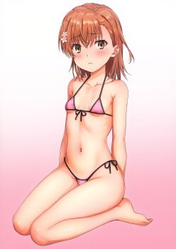 1girl 2023 20s absurdres bare_hips bare_legs bare_shoulders barefoot bikini blush breasts brown_eyes brown_hair collarbone female_focus flower full_body gradient_background hair_flower hair_ornament highres huge_filesize isshi_pyuma kneeling looking_at_viewer matching_hair/eyes misaka_mikoto navel pink_bikini ribs scan short_hair small_breasts smile solo stomach string_bikini swimsuit thick_thighs thighs toaru_kagaku_no_railgun toaru_majutsu_no_index toes