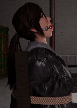 1girl 3d arms_behind_back ball_gag bdsm bondage bound bound_arms breasts brown_eyes brown_hair chair gag gagged iorel-renders lara_croft looking_up sideboob tied_to_chair tomb_raider