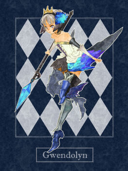 Rule 34 | 1girl, argyle background, argyle clothes, armor, armored dress, blue background, character name, dress, female focus, gwendolyn (odin sphere), odin sphere, painttool sai (medium), polearm, solo, spear, strapless, strapless dress, tanmomo, thighhighs, weapon