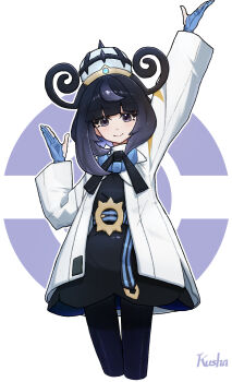 1girl belt black_hair blue_gloves blunt_bangs closed_mouth coat gloves gradient_hair gwynn_(pokemon) highres kushaaaa4 multicolored_hair nintendo o-ring o-ring_belt open_clothes partially_fingerless_gloves pokemon pokemon_legends:_z-a purple_eyes purple_hair ribbon short_hair smile white_coat