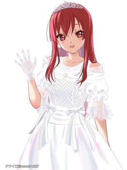 1girl 22/7 :d alternate_hair_ornament artist_name collarbone cowboy_shot dress earrings flower_earrings frilled_dress frills gloves hand_up highres jewelry long_hair looking_at_viewer nanairo_(nanairo227) open_mouth red_eyes red_hair ribbon sato_reika short_sleeves simple_background smile solo standing straight-on tiara waving white_background white_dress white_gloves white_ribbon