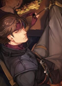 Rule 34 | 1boy, brown hair, closed mouth, commentary request, feet on table, fire emblem, fire emblem: path of radiance, glint, headband, holding, holding smoking pipe, kokouno oyazi, looking at viewer, male focus, nintendo, red eyes, short hair, sitting, smoking pipe, solo, volke (fire emblem)