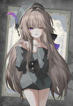 Rule 34 | 1girl, absurdres, alternate costume, black hat, black shirt, brown hair, commentary request, cowboy shot, doll joints, evzeva, hat, herta (honkai: star rail), herta (puppet) (honkai: star rail), highres, honkai: star rail, honkai (series), joints, long hair, looking at viewer, off-shoulder shirt, off shoulder, one eye closed, open mouth, purple eyes, shirt, solo