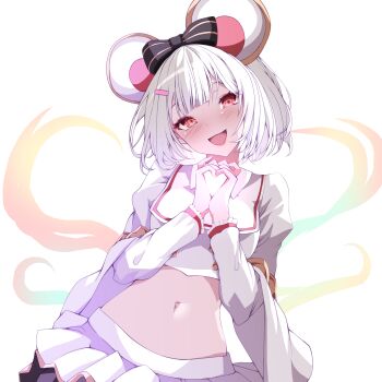 Rule 34 | 1girl, absurdres, animal ears, blush, bob cut, bow, breasts, buttons, center-flap bangs, commentary request, crop top, cropped shirt, double-breasted, double-parted bangs, fake animal ears, furisode sleeves, gold buttons, granblue fantasy, grey hair, hair bow, hair ornament, hairclip, heart, heart hands, highres, layered sleeves, long sleeves, looking at viewer, medium breasts, medium hair, midriff, miniskirt, mouse ears, navel, open mouth, pleated skirt, red eyes, rota-san, sailor collar, shirt, simple background, skirt, solo, vikala (granblue fantasy), white background, white sailor collar, white shirt, white skirt, wide hips