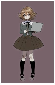 1boy :< black_ribbon black_socks blush border brown_background brown_eyes brown_hair brown_shoes brown_skirt computer crossdressing crossdressing_(mtf) danganronpa:_trigger_happy_havoc danganronpa_(series) dot_nose flipped_hair fujisaki_chihiro full_body green_jacket hair_between_eyes highres holding holding_laptop jacket laptop male_focus mary_janes neck_ribbon ribbon sen_(aypj8447) shirt shoes skirt socks thighs trap white_border white_shirt