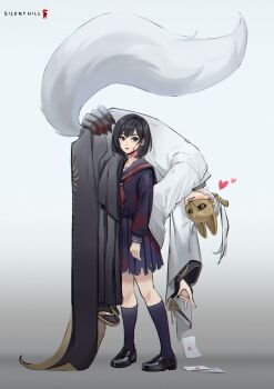 1boy 1girl absurdres black_hair black_sclera black_serafuku carrying carrying_person colored_sclera commentary_request earrings fox_mask fox_mask_(silent_hill) heart heart-shaped_pupils highres japanese_clothes jewelry letter love_letter mask mismatched_arms monster_arm robe school_uniform serafuku shimizu_hinako siambei silent_hill_(series) silent_hill_f symbol-shaped_pupils tail tassel tassel_earrings white_hair white_robe