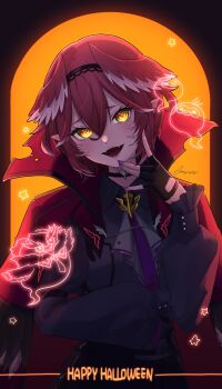 absurdres bibib_goza choker costume fangs fingerless_gloves ganmo_(takane_lui) ghost gloves hair_wings halloween halloween_costume highres hololive looking_at_viewer pink_hair purple_nails smile star_(symbol) takane_lui tsukune_(takane_lui) tsumire_(takane_lui) vampire vampire_costume virtual_youtuber yellow_eyes