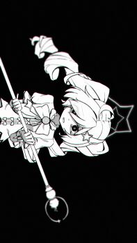 1girl ahoge black_background blue_archive blurry_border chromatic_aberration crying crying_with_eyes_open drill_hair furrowed_brow greyscale hair_ornament halo highres holding holding_staff long_hair magical_girl monochrome parted_lips puffy_short_sleeves puffy_sleeves quilt_heron reisa_(blue_archive) reisa_(magical)_(blue_archive) sad short_sleeves sideways solo staff star_(symbol) star_hair_ornament star_halo tearing_up tears traumatized twin_drills upper_body wide-eyed wind