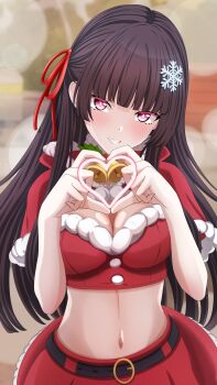 1girl absurdres alternate_costume asutokun_th black_hair blush breasts capelet chisa_(wuthering_waves) cleavage commentary cowboy_shot crop_top english_commentary four-finger_heart_hands grin hair_ornament hair_ribbon heart heart_hands highres large_breasts long_hair looking_at_viewer mixed-language_commentary navel red_capelet red_eyes red_ribbon red_skirt ribbon skirt smile snowflake_hair_ornament solo stomach wuthering_waves