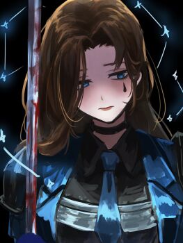 1girl armor black_background black_shirt blood bloody_weapon blue_coat blue_eyes blue_jacket blue_necktie breastplate brown_hair closed_mouth coat collared_shirt commentary_request constellation danboru_22 e.g.o_(project_moon) facial_mark highres holding holding_sword holding_weapon jacket lapels limbus_company long_hair long_sleeves looking_at_viewer necktie notched_lapels parted_bangs pauldrons project_moon rapier rodion_(project_moon) sad shirt shoulder_armor simple_background solo sword tattoo teardrop_facial_mark teardrop_tattoo the_sword_sharpened_with_tears_(e.g.o) upper_body weapon