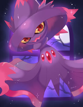 artist_name branch chest_jewel colored_sclera commentary_request floating full_moon gen_4_pokemon highres indoors iwasi_29 mismagius moon nintendo no_humans open_mouth pokemon pokemon_(creature) purple_sky red_eyes sky sparkle twitter_username wavy_mouth yellow_sclera