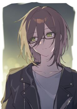 1girl black-framed_eyewear black_jacket brown_hair closed_mouth collarbone commentary_request glasses green_eyes grey_shirt hair_between_eyes head_tilt hijiri_(resetter) jacket long_hair nao_(hijiri) open_clothes open_jacket original semi-rimless_eyewear shirt solo under-rim_eyewear