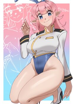 Rule 34 | 1girl, ally chihyah, animal ears, blue eyes, blue leotard, blush, breasts, closed mouth, cropped jacket, elf, eyebrows hidden by hair, fake animal ears, groin, hair between eyes, high heels, highres, jacket, leotard, liina zawart (ally chihyah), long hair, looking at viewer, medium breasts, military jacket, original, pink hair, pointy ears, rabbit ears, seiza, shoes, signature, sitting, smile, solo, stiletto heels, white shoes